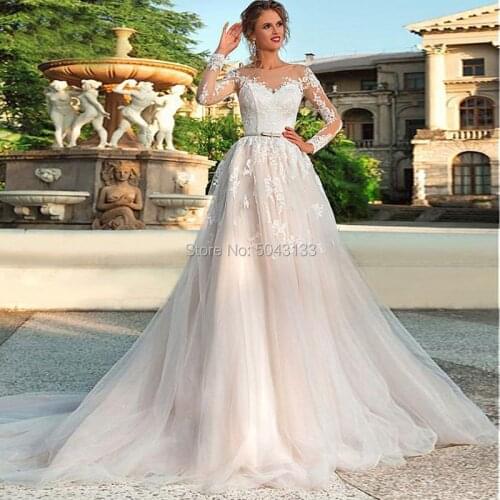 Sexy Illusion Scoop Neckline lace Appliques Long Sleeves Wedding Dresses 2020 A Line Formal Bridal Dress with Belt Corset Back