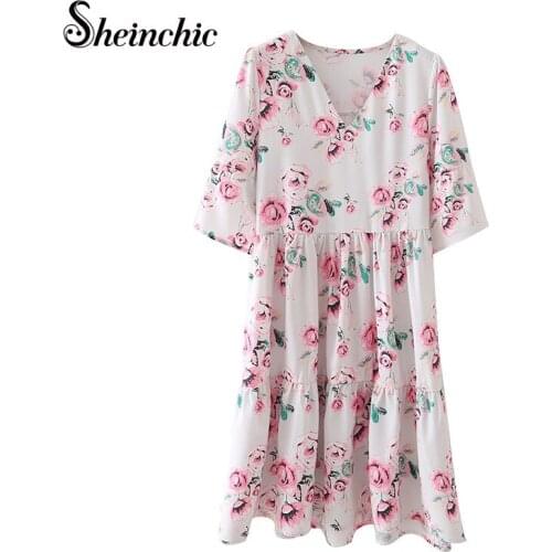 Loose Casual Floral Printed Woman Dress 2021 Summer Elegant V-neck Short Sleeve Midi Dresses Vestido De Mujer