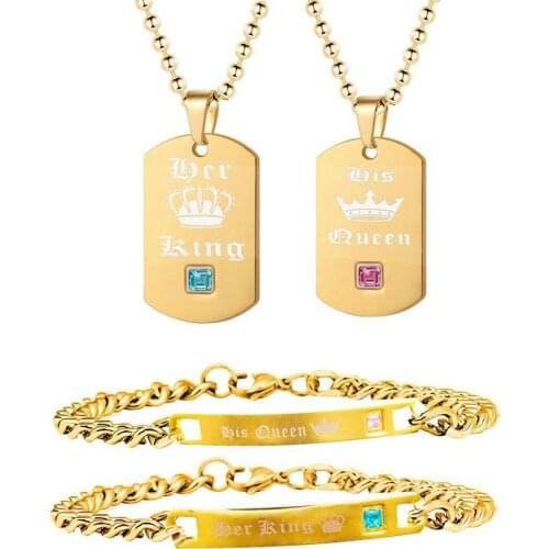 Uloveido Jewelry Sets Gold Color Her King and His Queen Jewelry Set Necklace and Bracelet Charms Engagement Wedding Gifts SN124