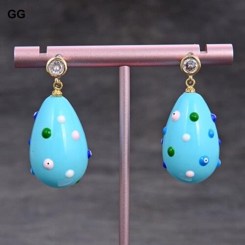 GuaiGuai Jewelry Blue Sea Shell Pearl Teardrop Enamel Cz Dangle Cz Pave Stud Earrings