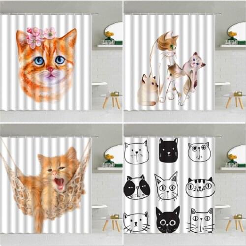 Shower Curtain Set Cartoon Cute Cat Print Polyester Fabric High Quality Bathtub Decor Bath Screen With Hooks 3D Printing