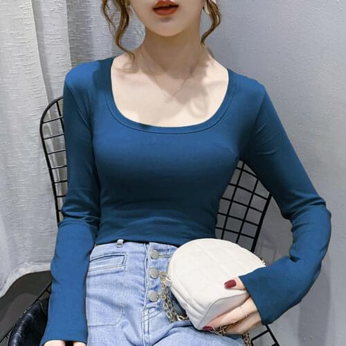 Autumn 2021 Basic Cotton Tee Shirt Femme Women Solid U-Neck Long Sleeve Tops Korean Clothes Tees Slim Elasticity T Shirt Female