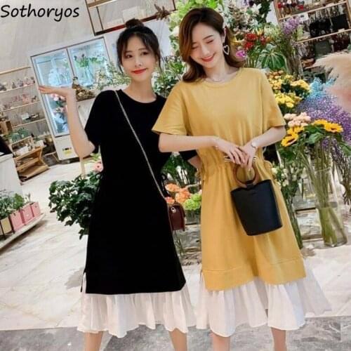 Dress Women Patchwork Chiffon Adjustable Waist Trendy Loose Ulzzang Fake Two Piece Streetwear Korean Style Sweet Womens Dresses
