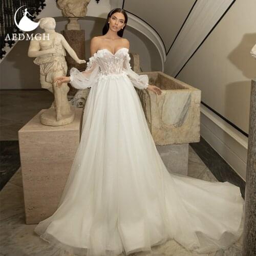 Aedmgh Sexy Strapless Puff Sleeve Wedding Dresses 2021 Romantic Appliques 3D Flowers Backless A-Line Court Train Robe De Mariee