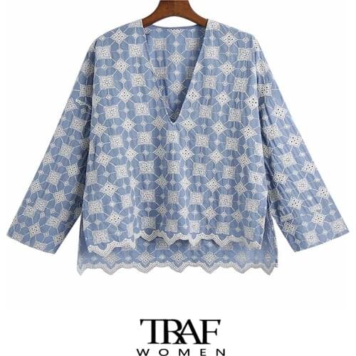 TRAF Za Women Fashion Embroidery Asymmetry Loose Blouses Vintage Drop-Shoulder Sleeves Side Vents Female Shirts Chic Tops