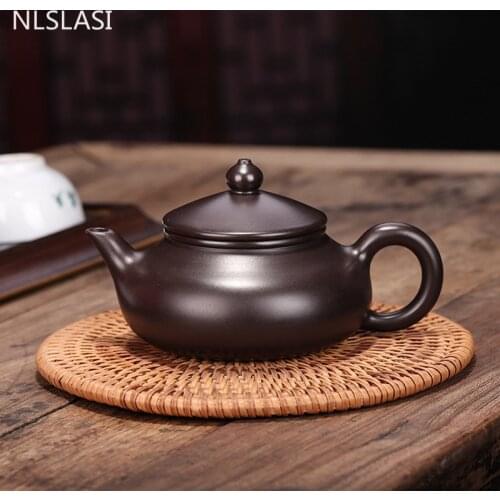 WSHYUFEI Yixing teapot Purple sand filter tea pot beauties handmade Raw ore black mud flat pot customized gifts authentic 150 ml