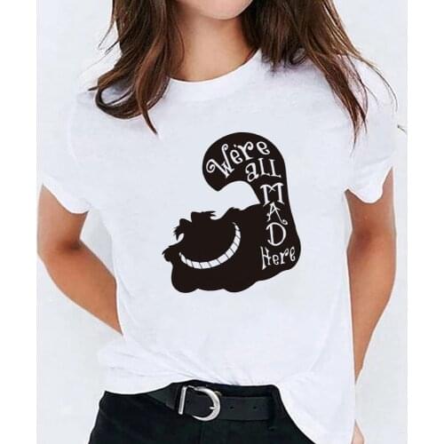 Summer Tshirt Femme Sexy Female Alice In Wonderland T Shirt Cheshire Cat We're All Mad Here Letters Streetwear T-shirt