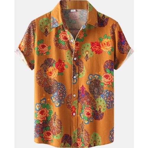 T Shirts For Men Cardigan Camisas Short Sleeve Beach Flower Hawaiian Shirt Men Turtleneck Shirt Loose Ethnic Shirts Camisas 2021