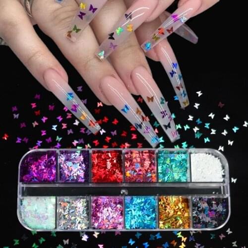 12 Grids Holographic Butterfly Nail Glitter Sequins Sparkly 3D Laser Star Maple Leaf Flakes Polish Decor for Nails Accessories