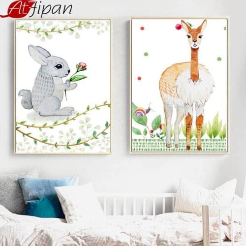 Atfipan Rabbit Deer Canvas Painting Nordic Canvas Posters And Prints Watercolor Modern Home Wall Art Pictures Kids Room Decor