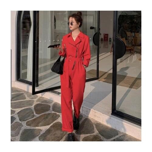 Red Jumpsuit Women Fashion Zipper Belt One Piece Pants Set Overalls Female Elegant Korean Slim Straight Jump Suits Spring Autumn