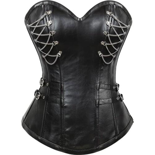 Sliver Chain Style Sexy Women Steampunk Corset 11 Steel Boned Corset Gothic Faux Leather Black Shaperwear Corsage Korsett