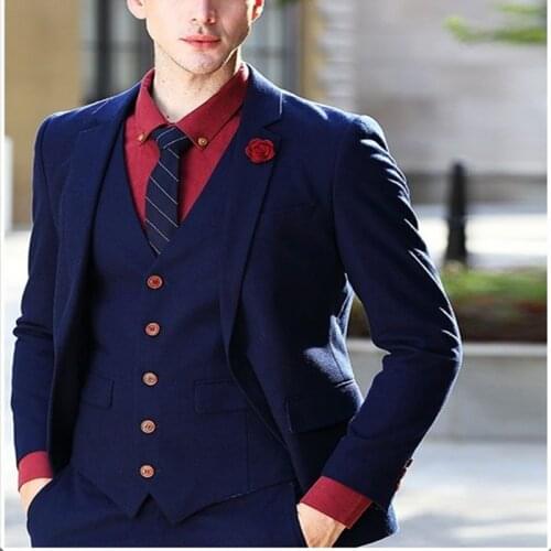 Navy 3 Pieces Wedding Suit For Men Slim Fit Notch Lapel Business Casual V-Neck Vest Costume Formal Terno Masculino Clothing