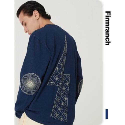 Firmranch 2021 Men/Women Blue Hands Sweatshirt Vintage Boro Loose KP Lightning Embroidery Indigo Blue Long Sleeve T-Shirt