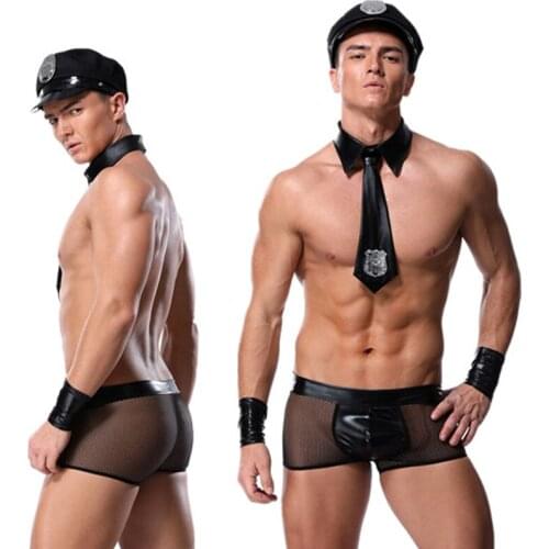 Mens Sexy Underwear Police Men Faux Leather Lingerie Sexy Costume Adult Policemen Panties Hat Set