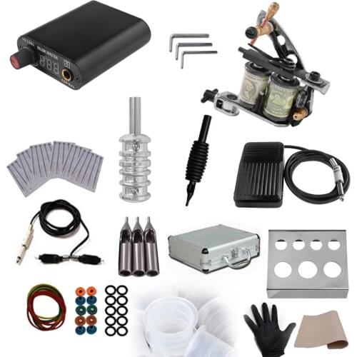 Tattoo Gun Tattoo Power Supply Kit Permanent Makeup Footswich Body Art Shader Liner Foot Pedal Tattoo Needles Ink Cup Holder Set