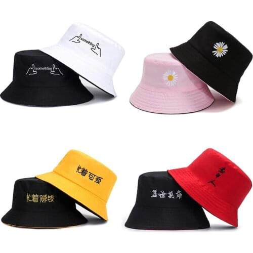 Bucket Hats Women Letter Embroidered Double-sided Fisherman Hat Korean Style Solid Climbing Outdoor Sunscreen Bucket Hat Daisy