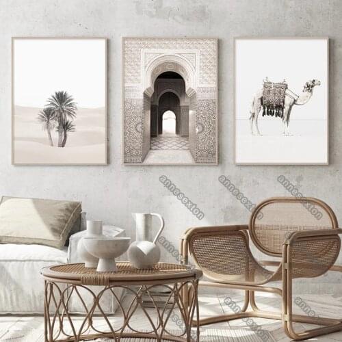 European Style Canvas Painting Poster and Print Desert Scenery Camel Morocco Door Short Palms for Living Rooms Wall Decoration