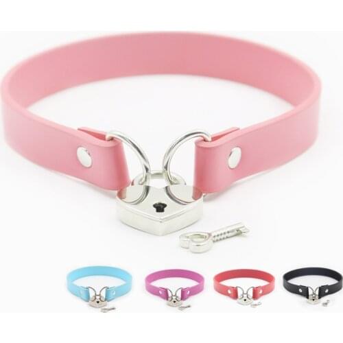 Sexy Slave Erotic Costumes of Leather Bdsm Bondage Necklace Neckband Sex Toys with Metal Heart-shaped Lock for Men Women Flirt