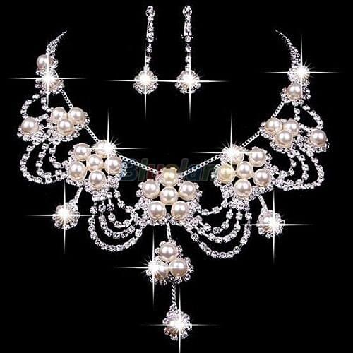 Sliver Plated Rhinestone Crystal Faux Pearl Necklace+Earring Jewelry Set For Bride Bridal Wedding