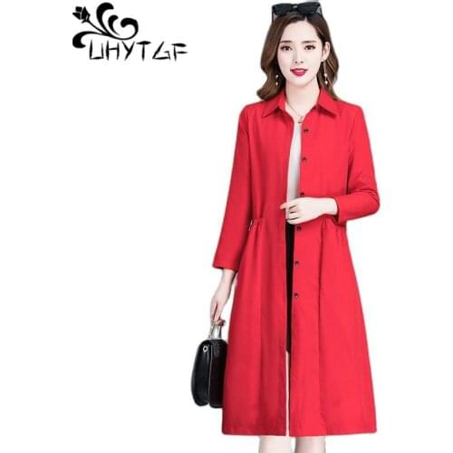 UHYTGF Womens Spring Autumn Trench Coat Fashion Pocket Single-Breasted Casual Mother Thin Top Elegant Female Long Windbreaker 18