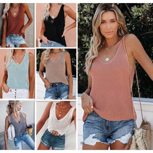 2021 Summer New Solid Color Fashion Camisole Ice Silk Knitted Women Fashion Sleeveless Cotton V-Neck Loose Splice T-Shirt Female