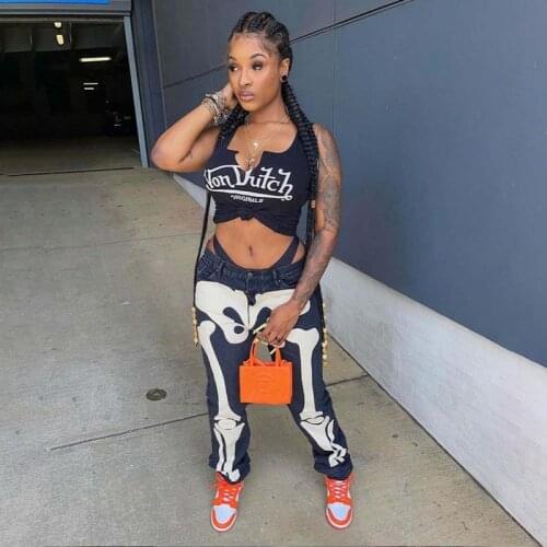 Casaul Jeans Pants Print High Waist Pencil Pants Streetwear Autumn Female Trousers