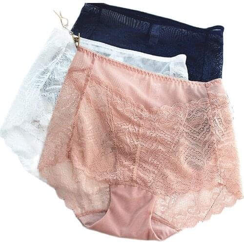RUIN High-waist lace panties feminine temptation cotton large size hip transparent mesh no trace briefs