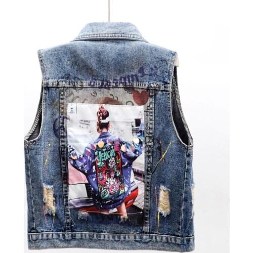 Back printed frayed holes 2020 NEW women sleeveless denim vests rock punk moto fashion jean waistcoat Korean slim vest JC239