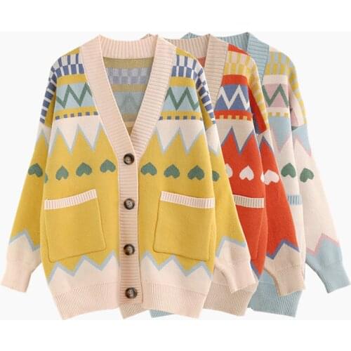 2021 Knitted Sweater Oversize Female Cardigan Heart Printed Womens Sweater Coat Autumn Winter Loose Thicken Cardigan Jacket