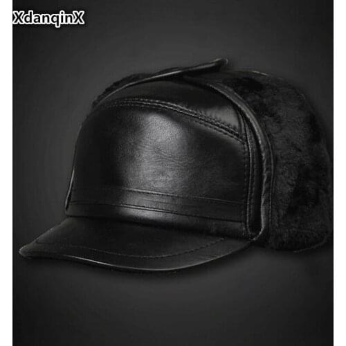 XdanqinX Winter Genuine Leather Hat Mens sheepskin Warm Bomber Hats With Ears Middle-aged Velvet Thick Dads Earmuffs Ski Caps