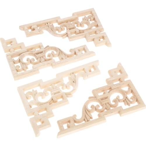 4pcs/set 15*10cm Modern Wood Carving Decal Wood Carved Corner Applique Frame Doors Furniture Decor Sculptures Hollow Plant Grid