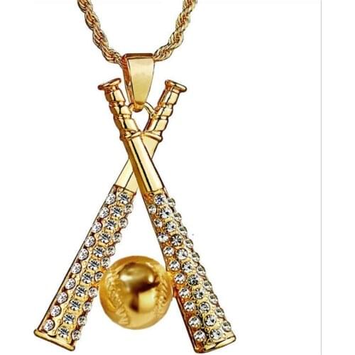 Hip Hop Crystal Baseball Bat Pendant Necklace For Men Collares Personality Sport Chain Necklaces Mens Jewellery Boy Friend Gifts