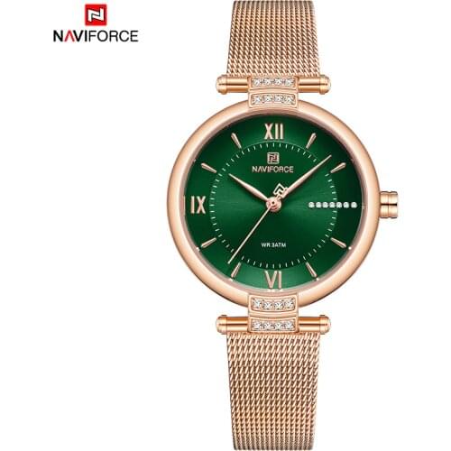 NAVIFORCE Top Luxury Brand Women Watch Green Quartz Lady Waterproof Wristwatch Rose Gold Stainless Steel Female Clock Gift 5019