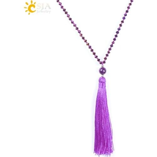 CSJA Long Necklaces Pendant Bohemian Vintage Tassel Charms Necklace Faceted Glass Bead Boho Fringe Ethnic Jewelry for Women S531