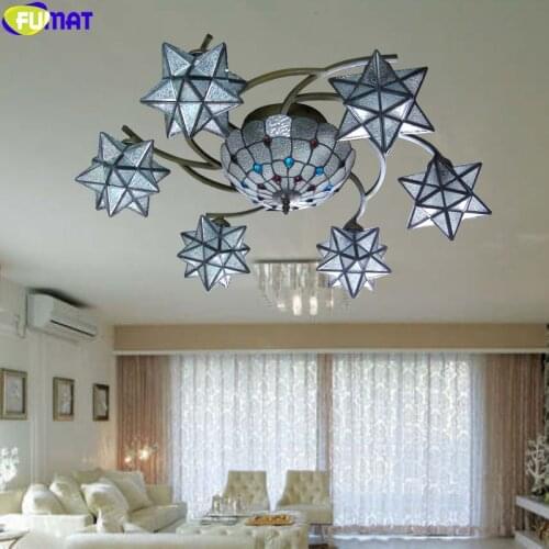 FUMAT Tiffany Style Star Blue Stained Glass Chandilers Handcraft Home Decor Art Pendant Lamp Multi Heads Alloy Frame Hanging LED