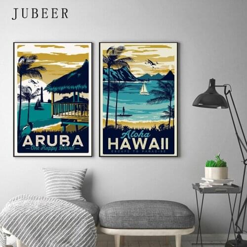 JUBEER Hawaii Aruba Sea Beach Landscape Art Canvas Painting Retro Poster Print Decorative Picture Modern Home Room Decor
