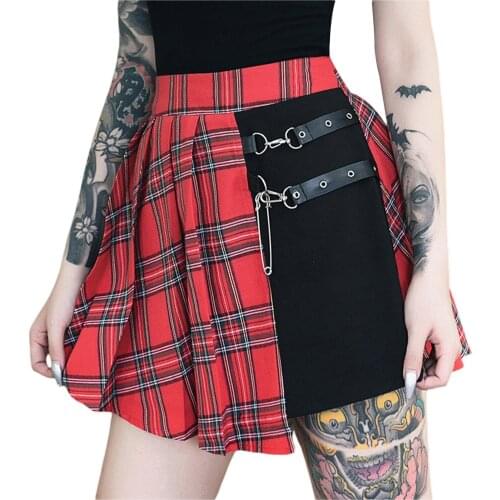 New Summer Womens Mini Pleated Skirts Gothic High Waist Plaid Print Irregular Color Matching A-Line Short Skirts Womens