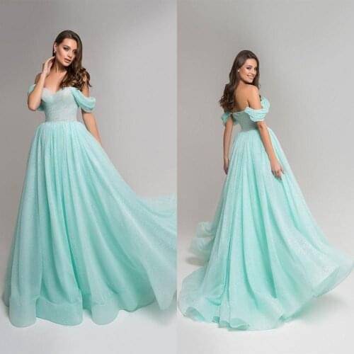 New Design Mint Green Glitter Evening Gowns Long 2020 A Line Beaded Arabic Prom Dress with Pocket Women Robes Vestidos De Fiesta