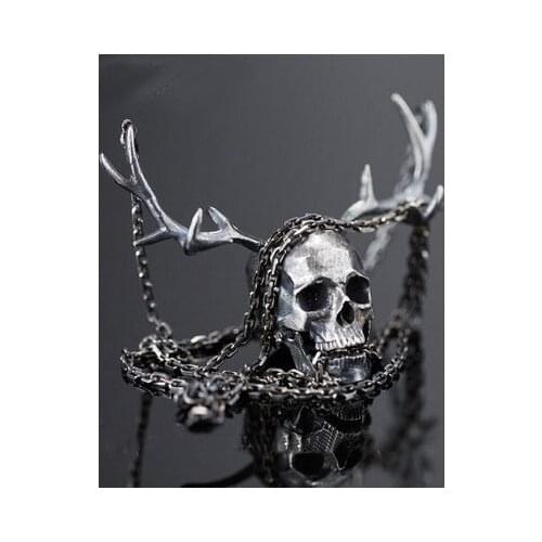 Wholesale antlers Skull Pendant Necklace Mens Fashion Biker Rock Punk Jewelry Gift Stainless steel Retro Hollowen gift OSDZ053