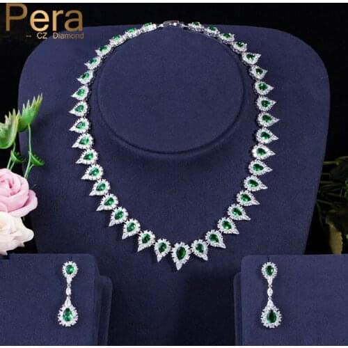 Pera Elegant 2Pcs Green Cubic Zirconia Women Wedding Party Bridal Necklace Earring Jewelry Set for Brides Dress Accessories J357