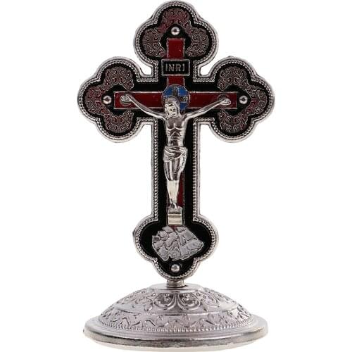 Crucifix Jesus Christ Statue INRI Cross Statue Figurine with Sticky Bottom for Car Home Chapel Decoration Ornament Silver