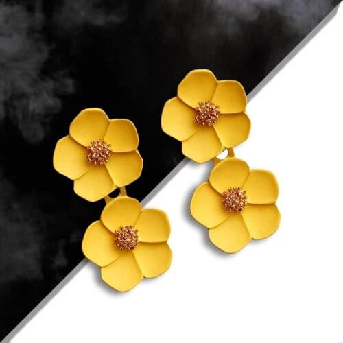 Korean Design Flower Drop Earrings Sweet Pink Red Yellow Colorful Double Painted Flowers Petal Brincos Jewelry