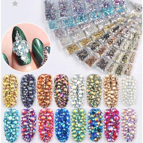 1 BagMulti Size Glass Nail Rhinestones Mixed Colorful Flat-back AB Crystal Strass 3D Nail Studs DIY Manicure Nail Art Decoration