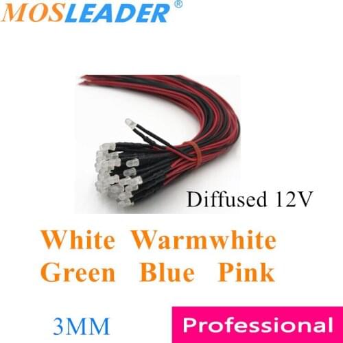 Mosleader 1000pcs 3MM 12V LED with wire 20CM Diffused White Warmwhite Green Blue Pink Indicator led Prewired Emitting Diodes