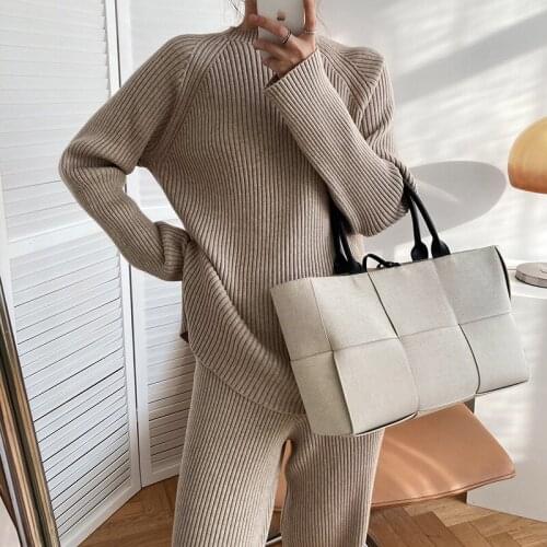 Korean Winter New Style Long Sleeved Stand Collar Warm Split Sweater Tops + Knitted Wide-Leg Pants Solid Color Two-Piece Sets