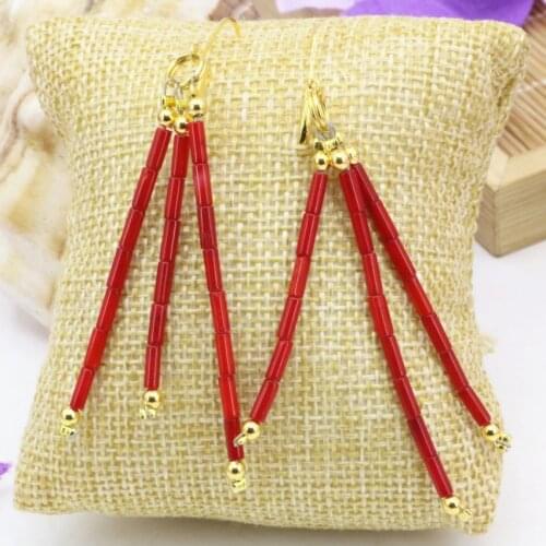 High quality natural tube red coral beads 2*7mm dangle earrings for women handmade eardrop exquisite elegant jewelry B3243