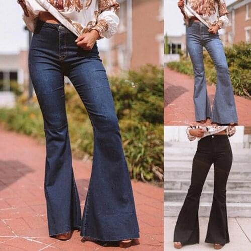 Women Autumn Winter Full Length Flare Pants Jeans High Waist Slim Stretch Denim Jeans