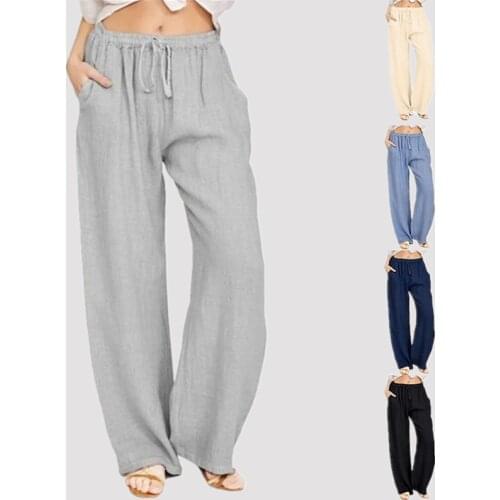 Women Cotton Linen Wide Leg Pants Vintage Elastic Waist Baggy Trousers Lady Loose Casual Pants Plus Size Retro Solid Harem Pants