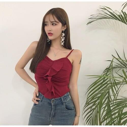 Women Tanks Tops Ruffled Tube Top Knitted Vest Womens off-Shoulder Spaghetti Straps Top Camis Crop Top For Women